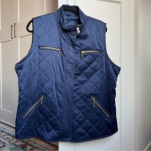 PENDELTON Navy Quilted Zip Snap Pockets Brown Trim Sleeveless Vest size xxl